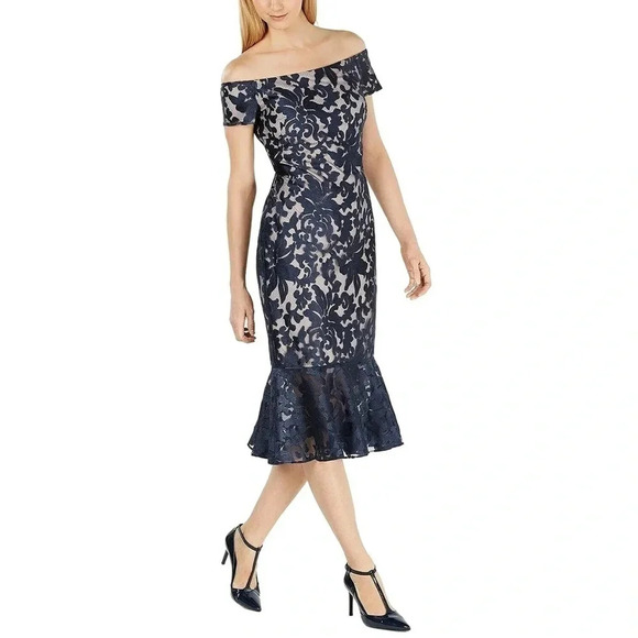 Calvin Klein Off-The-Shoulder Lace Trumpet Evening Midi Dress - Picture 1 of 10